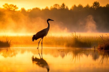 Obraz premium Majestic Crane Silhouette in Misty Dawn Wetland