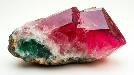 Fototapeta premium Un minerale con sfumature di rosso e rosa nella parte superiore e di verde e bianco sul lato. Sfondo bianco. 