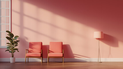 Fototapeta premium Cozy living room setup with pink walls and stylish furniture modern home interior design bright environment perspective view