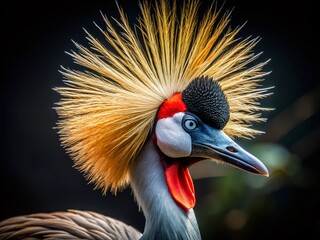 Fototapeta premium Majestic Crowned Grey Crane Portrait: Close-up Head and Neck Isolated on Black