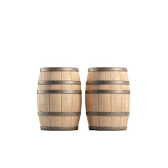 Two rustic wooden barrels arranged closely, ideal for beverage storage or decoration., isolated on a transparent background.