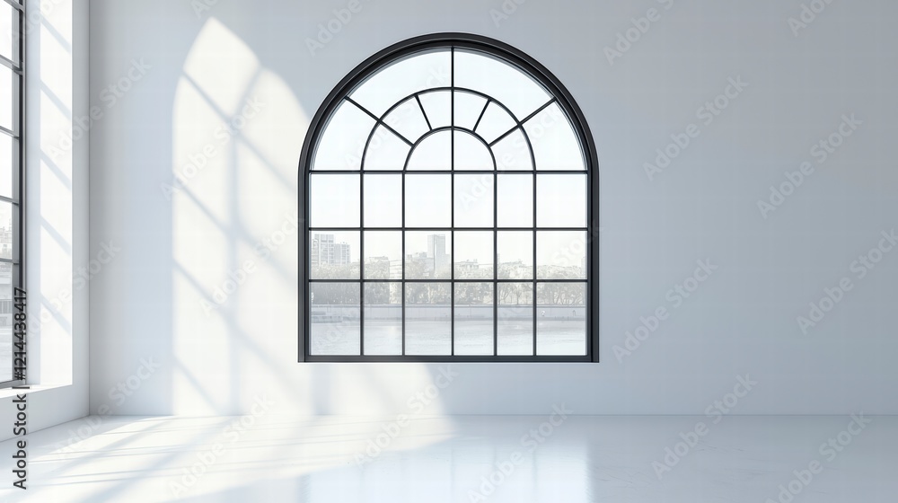 Poster arch window with city view: a large arched window with a black frame dominates a minimalist white ro