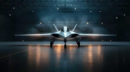 The image captures an advanced fighter jet poised in a dark hangar, illuminated by focused light beams, symbolizing power and stealth in military aviation technology.