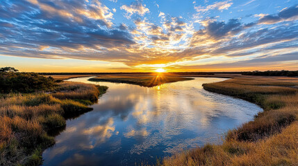vibrant sunset over calm river with beautiful reflections