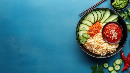 Fresh and Colorful Asian Noodle Dish with Vegetables and Spicy Sauce on a Blue Background Ideal for Food Photography and Culinary Inspiration