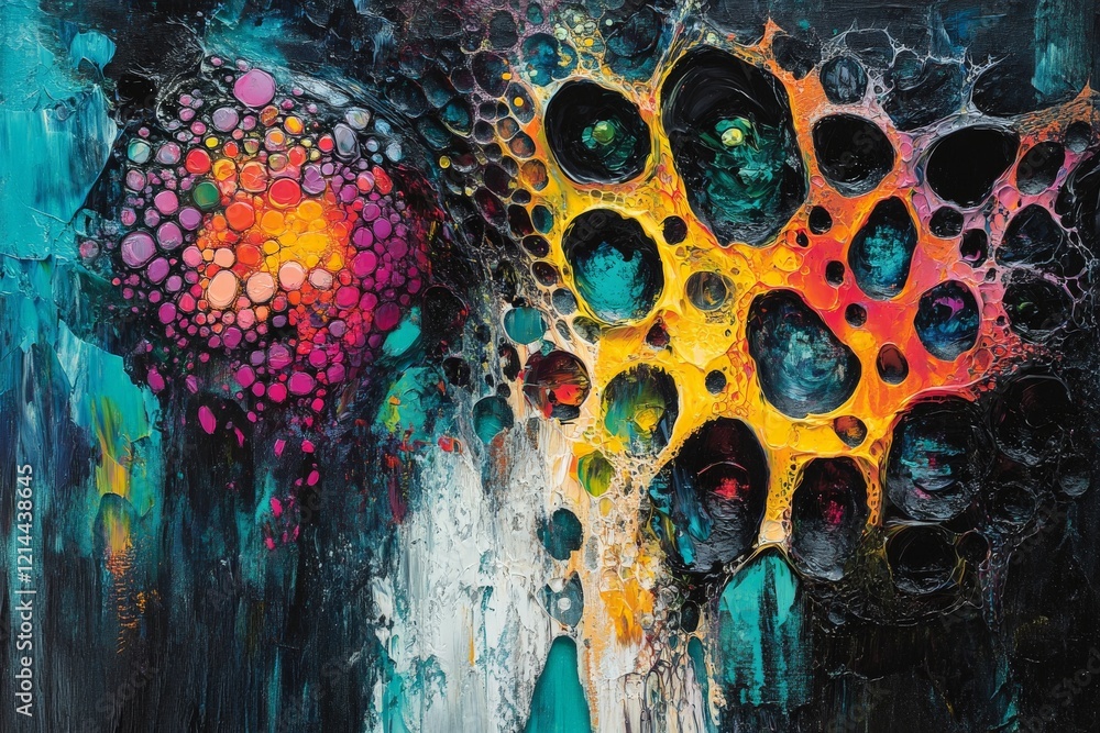 Poster colorful abstract painting with vibrant textures and bubble patterns created with acrylics