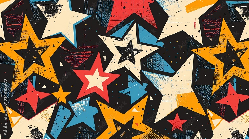 Poster a colorful pattern with stars in red, yellow and white against a black background with a grunge text