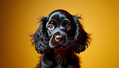 Adorable black Cocker Spaniel puppy with soulful eyes against a warm backdrop