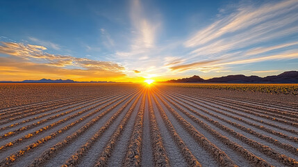 Naklejka premium vibrant sunset over field of crops, showcasing beautiful colors and patterns