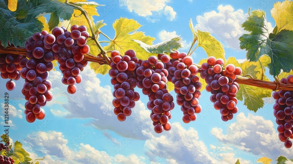 Poster ripe red grape clusters dangling from verdant vine, framed by azure sky and billowing white clouds i