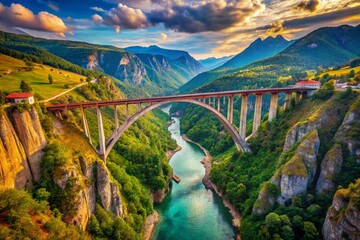 Fototapeta premium Majestic Djurdjevica Tara Bridge Aerial View: Dramatic Curve & Canyon Landscape