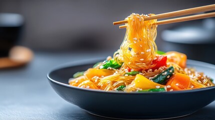 Colorful Asian Noodle Dish with Vegetables and Sesame Seed Garnish Served in a Black Bowl on a Dark Background with Chopsticks