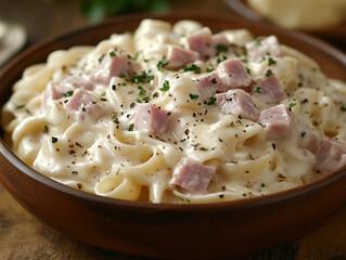 Image of Food: Tasty Pasta with Ham and Veggies for a Website or Post