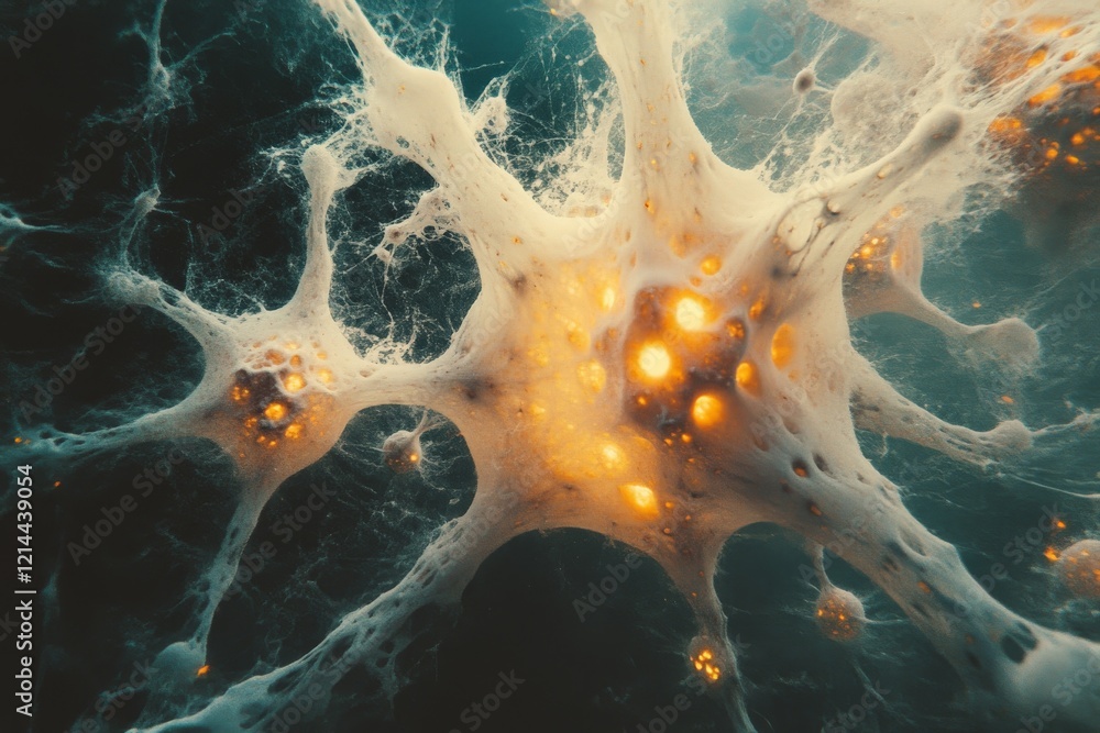 Poster Exploration of cellular structures showcasing glowing neurons and their interconnected web in a scientific environment