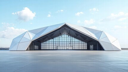 Obraz premium Modern Architectural Marvel: A sleek and futuristic geometric structure stands tall against a clear sky, with a vast expanse of glass panels illuminating the interior. The intricate facade.