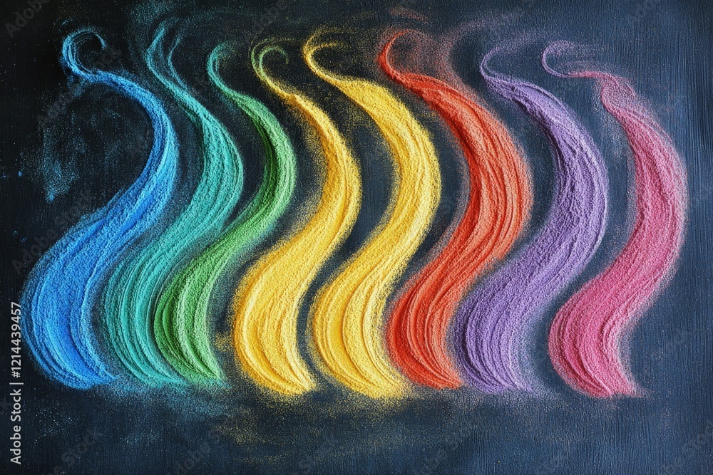 Poster Vibrant swirling patterns created with colored powder on a dark surface for artistic expression
