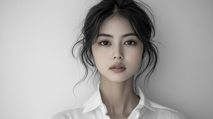 Portrait of a beautiful young asian woman with dark hair wearing a white shirt, posing against a white background