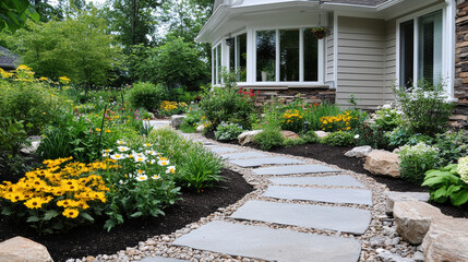 Obraz premium whimsical garden with colorful flowers and winding stone path invites joy