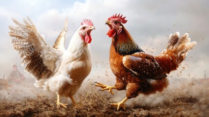In a dramatic rural setting, two roosters face off, showcasing their vibrant colors and dynamic postures that embody the spirit of competition and the richness of farm life.