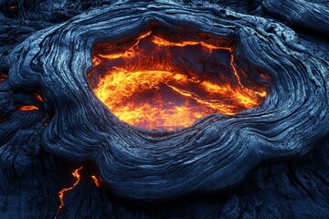 Lava pool surrounded by dark volcanic rock with glowing orange and red hues captured at night