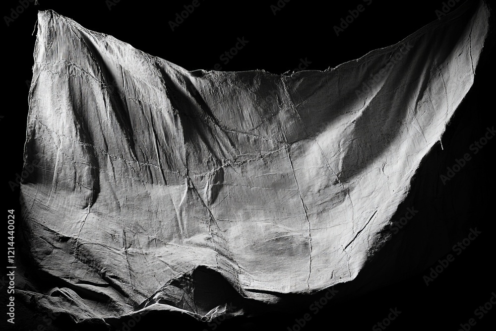 Poster textile drapes down highlighting texture and folds against a dark background during low-light condit