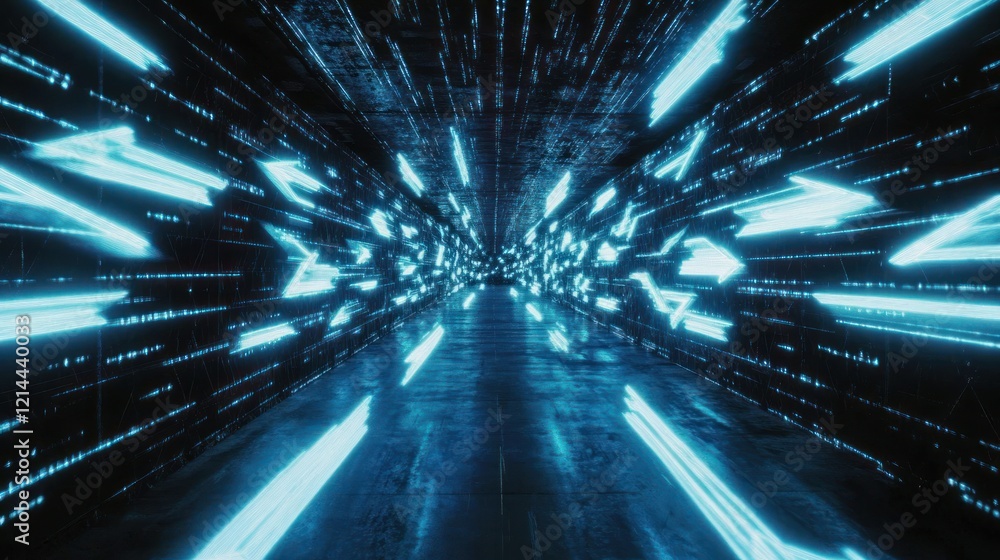 Poster abstract digital tunnel: neon arrows and data streams