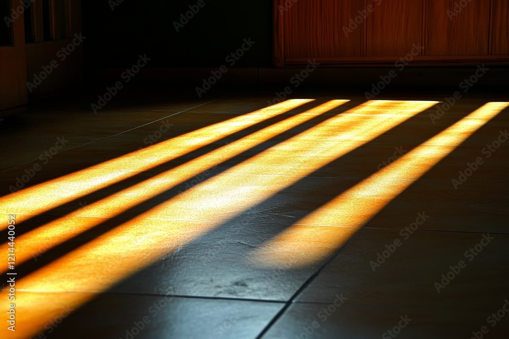 Poster golden sunlight streams through window, casting long shadows on the floor in a cozy interior setting
