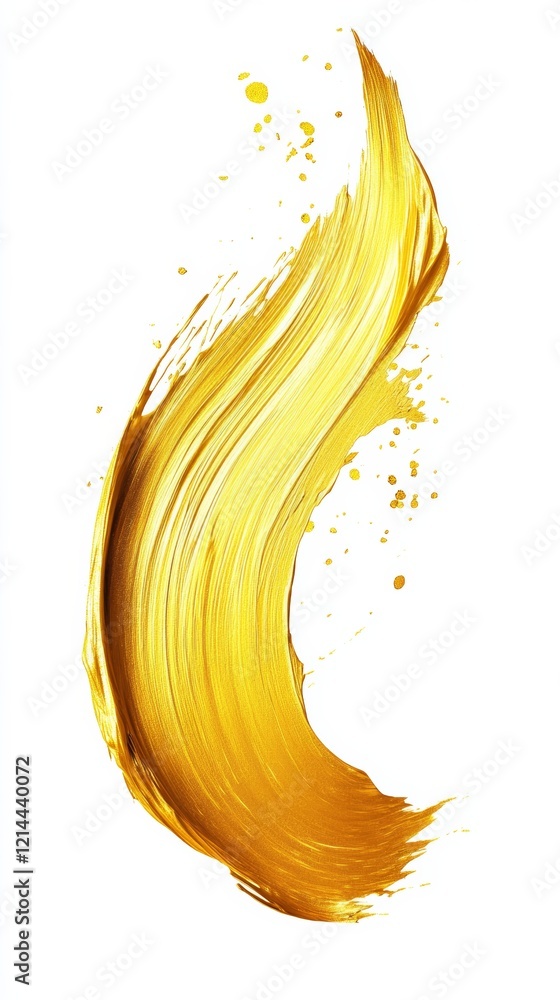 Poster abstract golden paint stroke creating a dynamic curve with splatters, isolated on white, embodying v