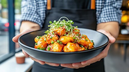 A Delicious Plate of Orange-Glazed Potato Balls Garnished with Fresh Herbs and Sprouts Served in a Modern Restaurant Setting