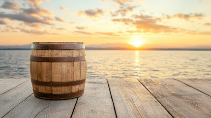Naklejka premium whiskey barrel on wooden deck by water at sunset, creating warm atmosphere