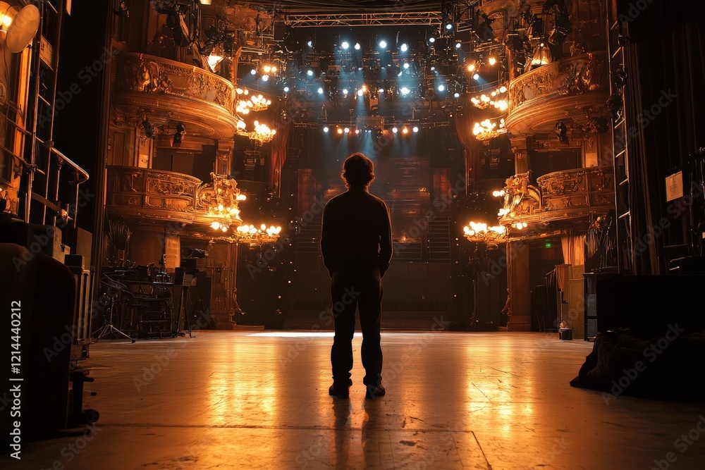 Poster performer stands in awe as stage lights illuminate an empty theater during rehearsal in the evening
