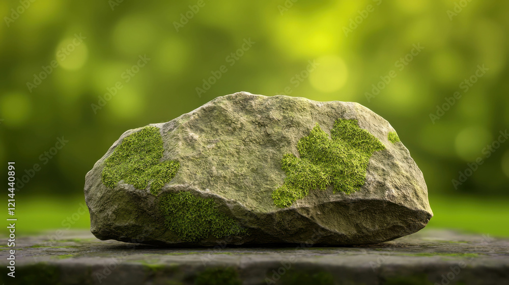 Poster Macro View of Weathered Rock with Green Moss in Natural Setting and Soft Background
