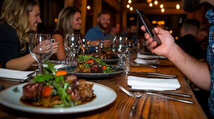 Rustic Restaurant Dinner: Friends Enjoying Gourmet Meal and Conversation