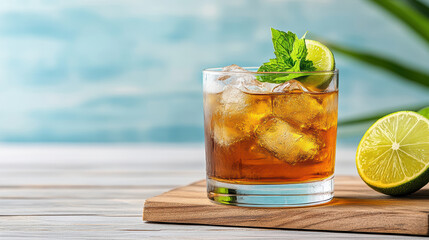 Refreshing whiskey cocktail with soda, garnished with lime and mint
