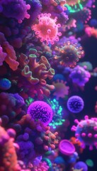 Microscopic view of virus particles, intricate details of viral structure and morphology