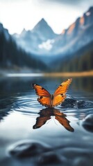 Obraz premium Monarch butterfly sipping nectar near alpine lake, reflecting golden sunset waters