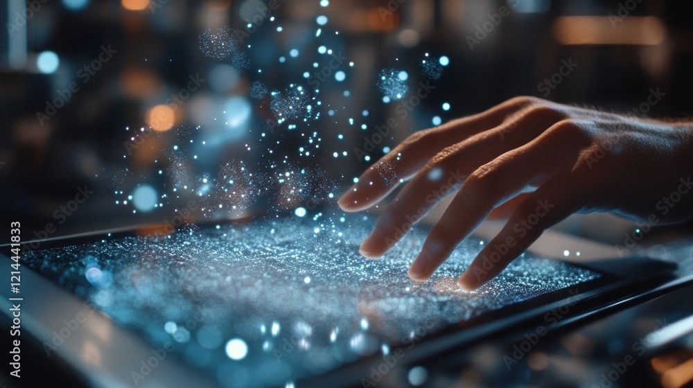 Poster hand interacting with holographic data on a futuristic tablet, exploring augmented reality, big data