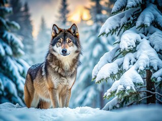 Fototapeta premium Majestic Grey Wolf in Snowy Kalispell Forest - Winter Wildlife Photography