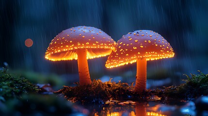 Two glowing mushrooms in a forest with rain falling.