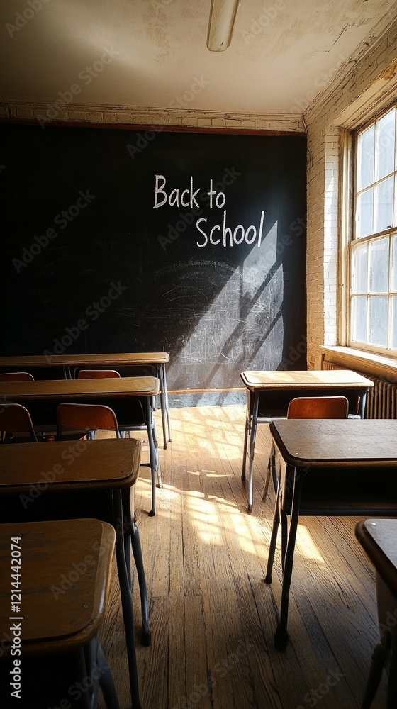 Poster sunlight illuminating empty desks and chairs in classroom with back to school message on blackboard