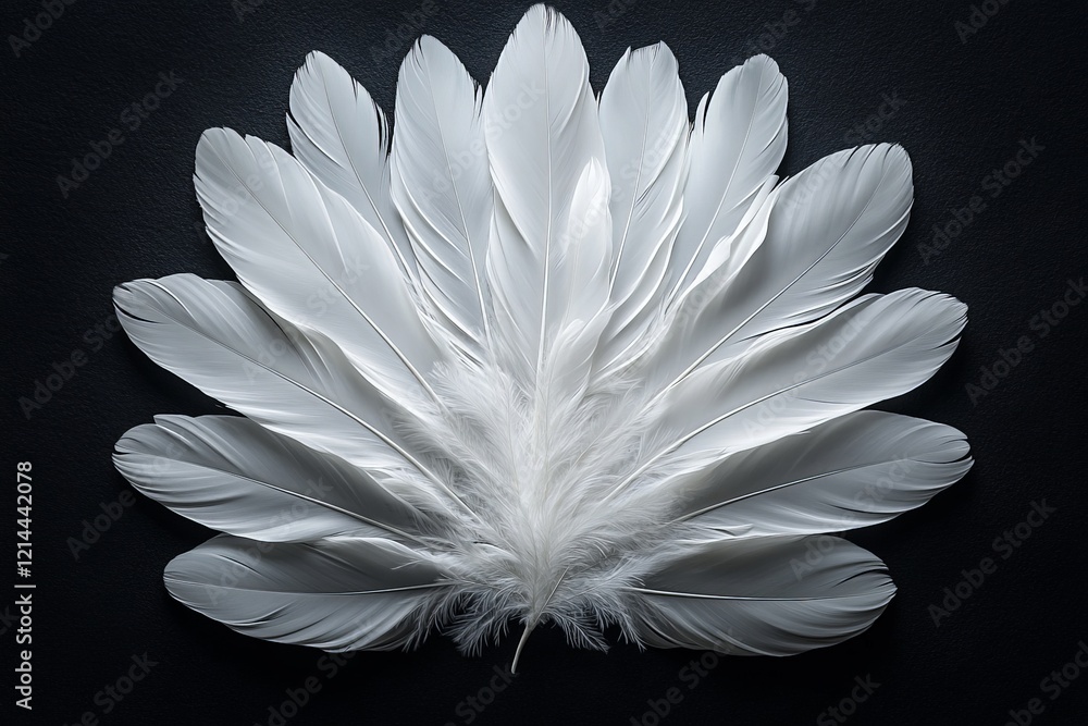 Poster Delicate white feathers arranged in a symmetrical pattern on a dark background