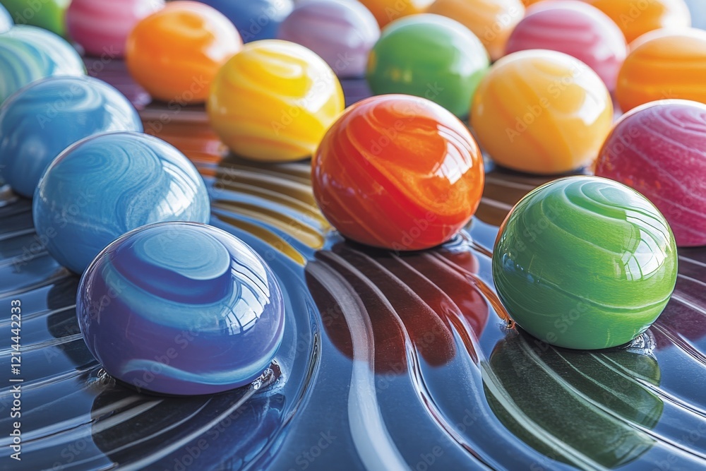 Poster Colorful marbles arranged artistically on a reflective surface create an engaging visual display