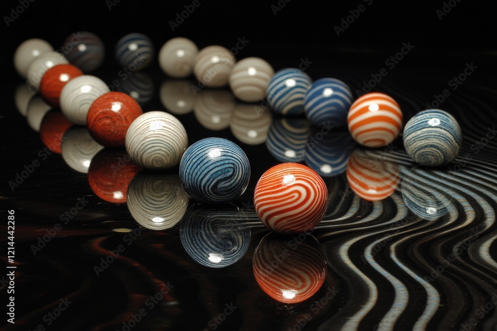 Poster colorful marbles arranged in a captivating pattern on a reflective surface showcasing intricate desi