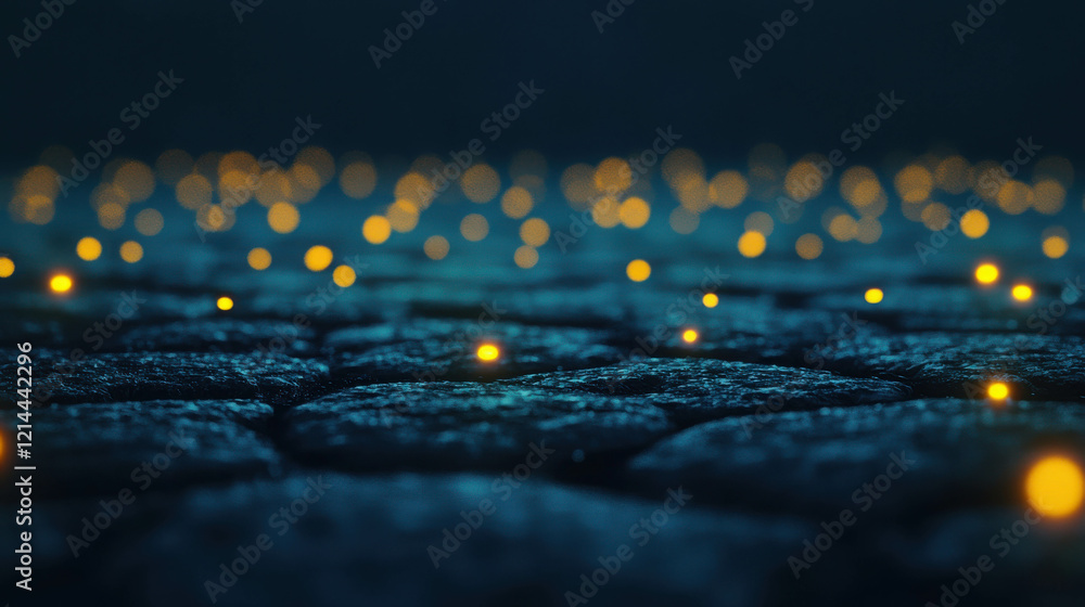 Poster ethereal floating luminescent particles resembling fireflies on a dark surface