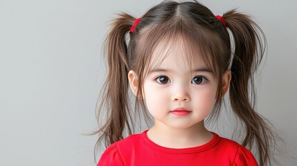 Fototapeta premium Cute toddler girl with pigtails wearing a red shirt looks directly at the camera against a plain grey background.