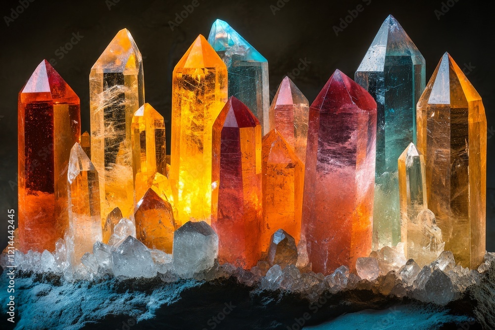 Poster colorful crystals arranged artistically in varied heights creating a vibrant decorative display with