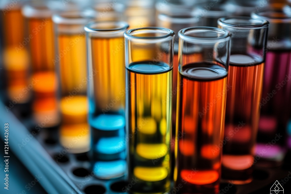 Poster Colorful test tubes filled with various liquids arranged on a laboratory rack during a science experiment