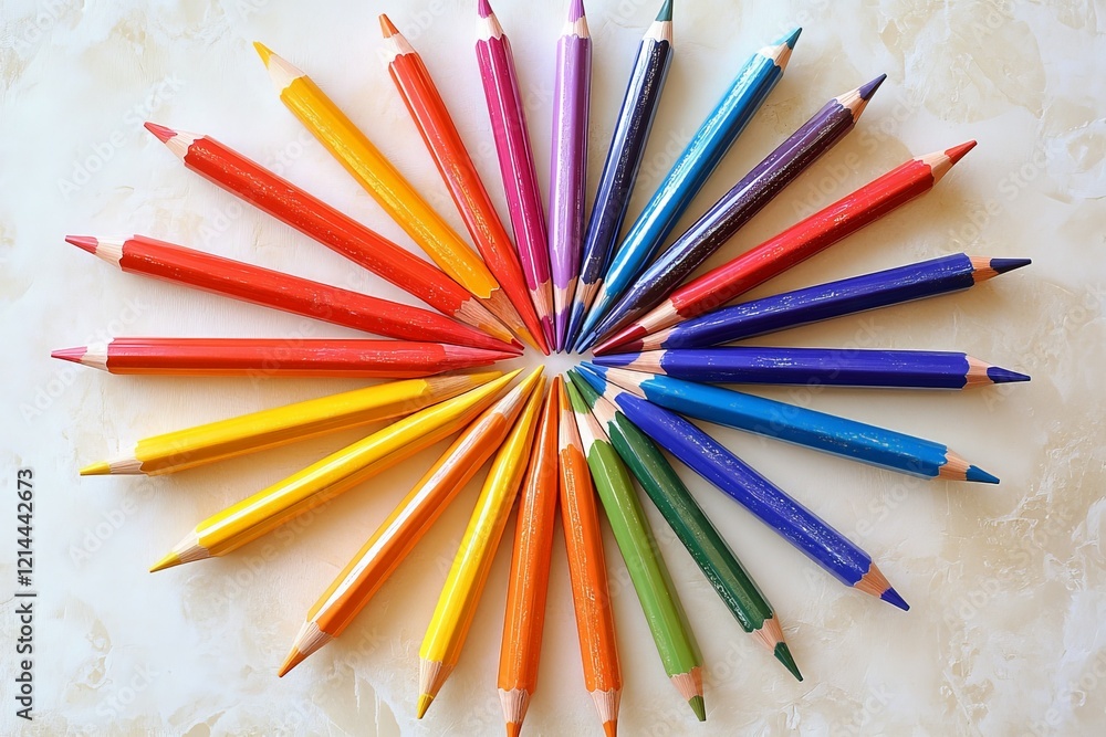 Poster colorful pencils arranged in a circular pattern on a textured surface showcasing vibrant hues and ar