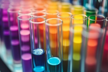 Colorful test tubes filled with liquids in a laboratory setting showcasing various shades during an experimental process
