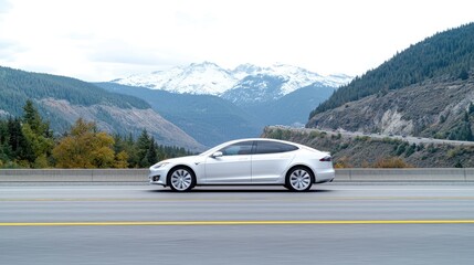Naklejka premium Electric car drives mountain highway, scenic background, travel adventure